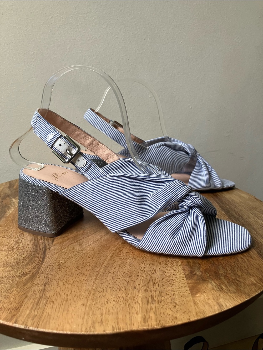 J. Crew | Twisted-knot Penny Sandals in Stripe with Glitter Heel